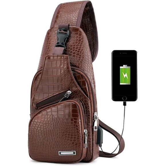 💫 Men Brown Leather Crossbody Bag Campus Travel USB Charging Port Backpacks - Picture 2 of 6